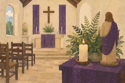 Lenten Chapel Cross With Purple Draped Cloth