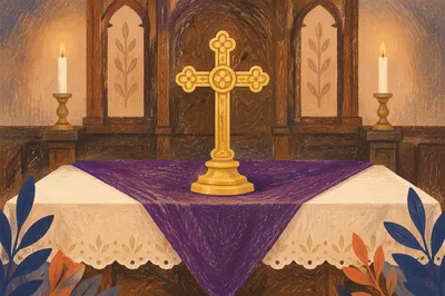 Lenten Gold Cross with Purple Drape