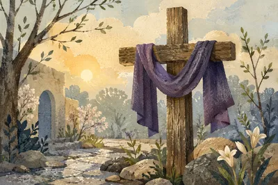 Lenten Cross with Purple Draped Cloth