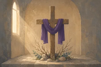 Lenten Wooden Cross with Purple Drape