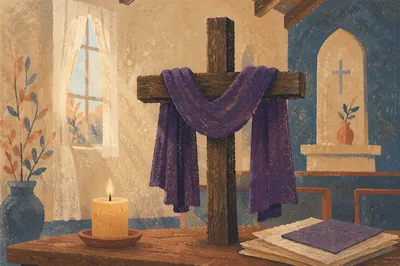 Lenten Cross With Purple Draped Cloth