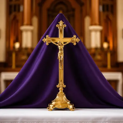 Lenten Gold Crucifix with Purple Draping