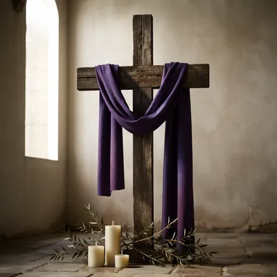 Lenten Wooden Cross with Purple Cloth
