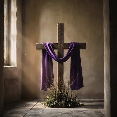 Lenten Wooden Cross with Purple Drape