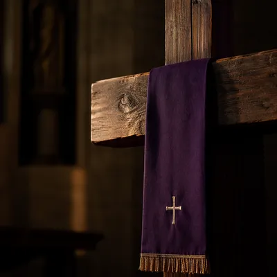 Rustic Wooden Cross with Purple Lenten Cloth