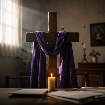 Lenten Cross with Purple Draped Cloth