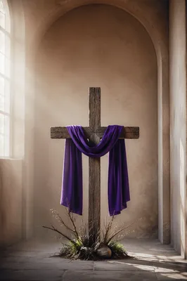 Lenten Wooden Cross with Purple Drape