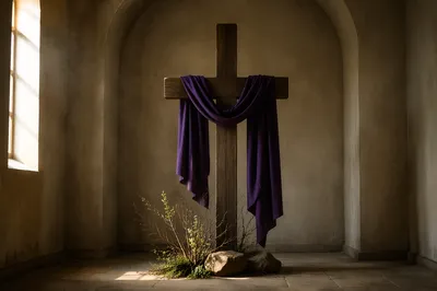 Lenten Wooden Cross with Purple Drape