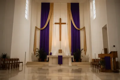 Lenten Church Sanctuary with Purple Draped Cross