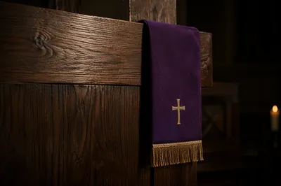 Rustic Wooden Cross with Purple Lenten Cloth