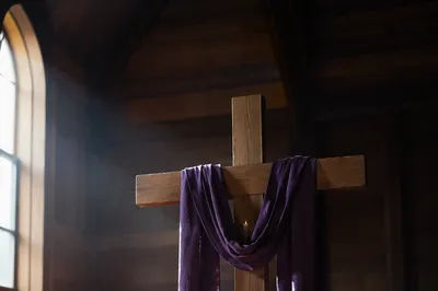 Lenten Cross With Purple Cloth in Chapel