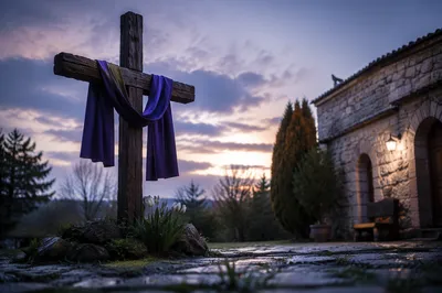 Lenten Cross with Purple Cloth at Dawn