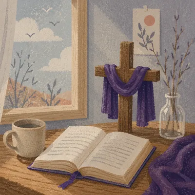 Open Devotional Book with Wooden Cross
