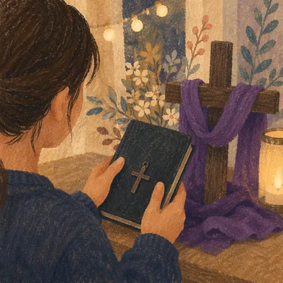 Hands Holding Devotional Book with Cross