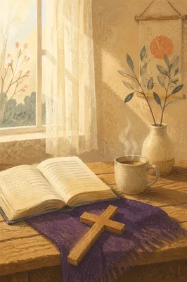 Open Book and Wooden Cross Still Life