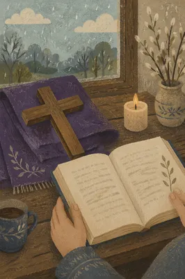Wooden Cross on Purple Cloth Table