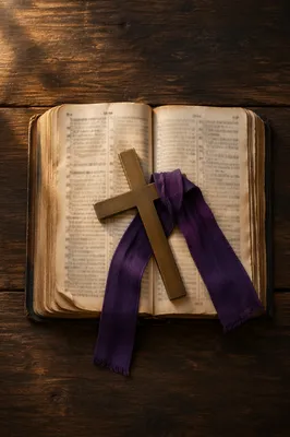 Open Devotional Book with Brass Cross