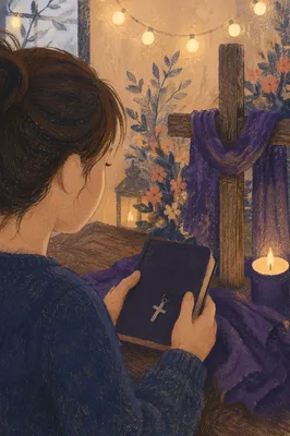 Hands Holding Devotional Book and Cross