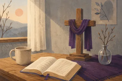 Open Devotional Book with Wooden Cross