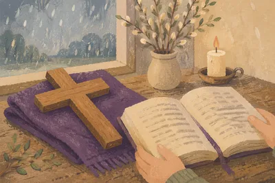 Wooden Cross on Purple Cloth Still Life