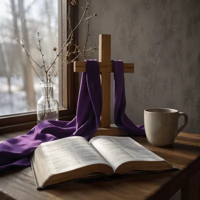 Open Devotional Book with Wooden Cross