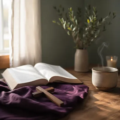 Open Book with Wooden Cross and Tea
