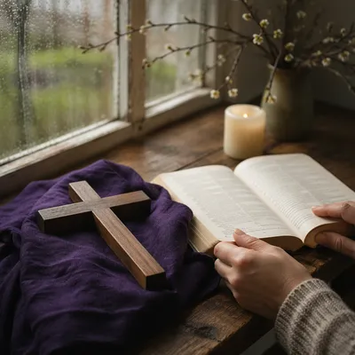 Wooden Cross on Purple Cloth by Book