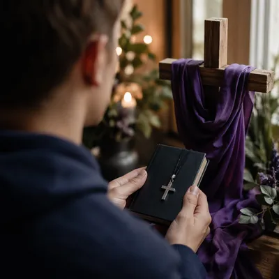 Devotional Book and Wooden Cross Close-Up