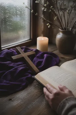 Wooden Cross on Purple Cloth