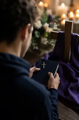 Hands Holding Devotional Book and Cross