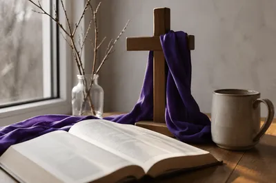 Open Book and Wooden Cross Still Life
