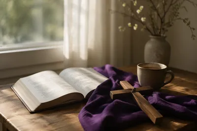 Open Devotional Book with Wooden Cross