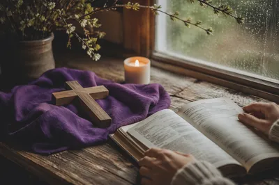 Wooden Cross on Purple Cloth Still Life