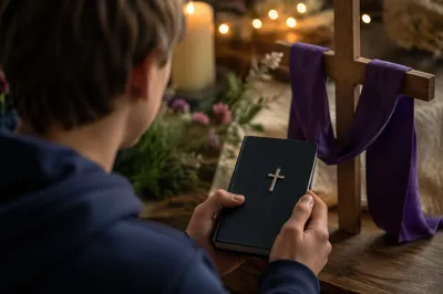 Hands Holding Devotional Book Beside Cross