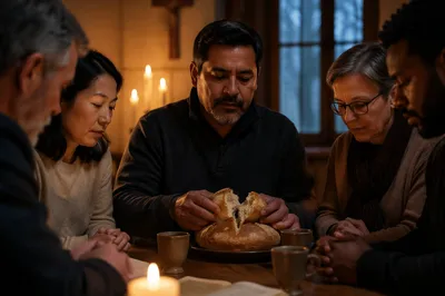 Group Sharing Bread at Wooden Table