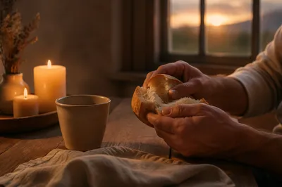 Hands Breaking Bread on Rustic Table