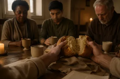 Hands Breaking Communion Bread at Table