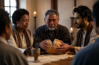 Communion Bread Shared Around Wooden Table