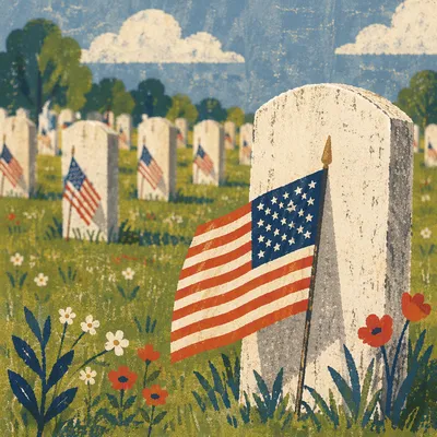 Memorial Day Flags in Churchyard Cemetery