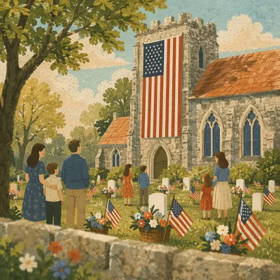 Memorial Day Church Garden With Patriotic Flags