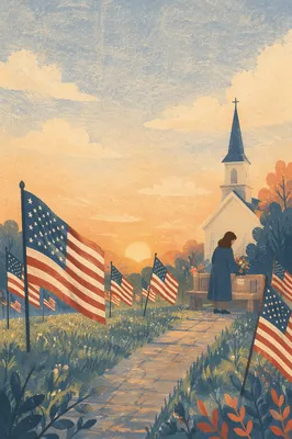 Memorial Day Church Flags at Sunrise