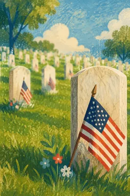 Memorial Day Flags in Churchyard Cemetery