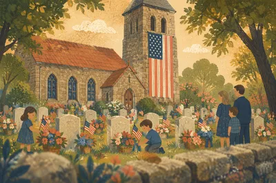 Memorial Day Church Garden With Patriotic Flags