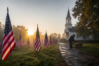 Memorial Day Church Flags at Sunrise