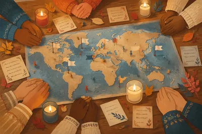 Missions Sunday Prayer Map on Wooden Table