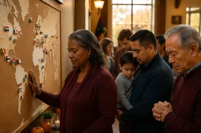 People Praying Around World Map Board