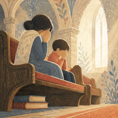 Mother and Child Praying in Winter Light