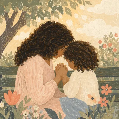 Mother and Child Praying in Spring Garden
