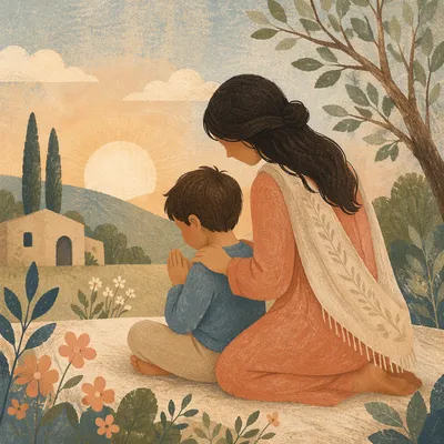 Mother and Child Praying in Spring Light