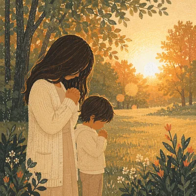 Mother and Child Praying in Golden Park